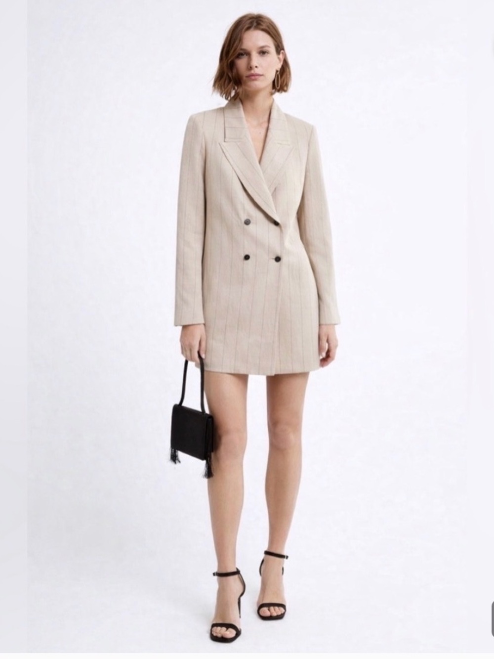 🆕 Zara Women's Cream/Tan Striped Double Breasted Blazer S